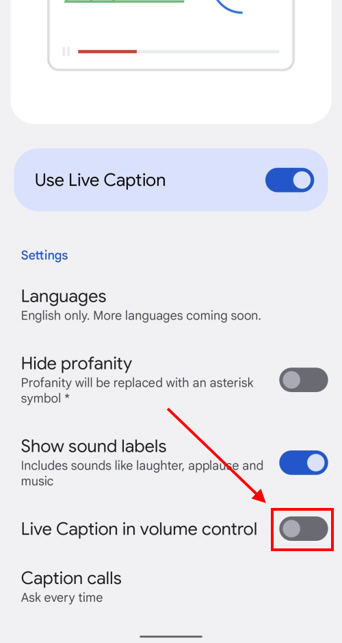 Tap the toggle switch for Live Caption in volume control to turn it on.
